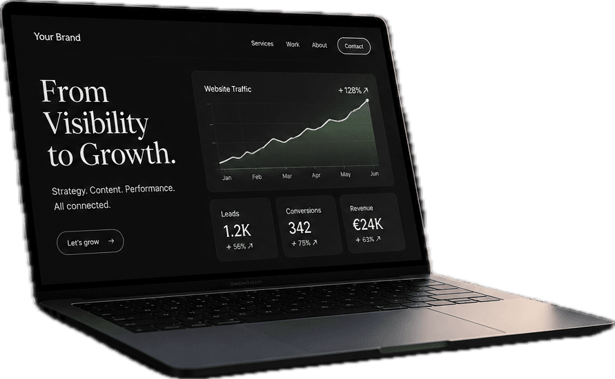 Laptop mit einem Dashboard, das Website-Traffic, Leads, Conversions und Umsatz zeigt